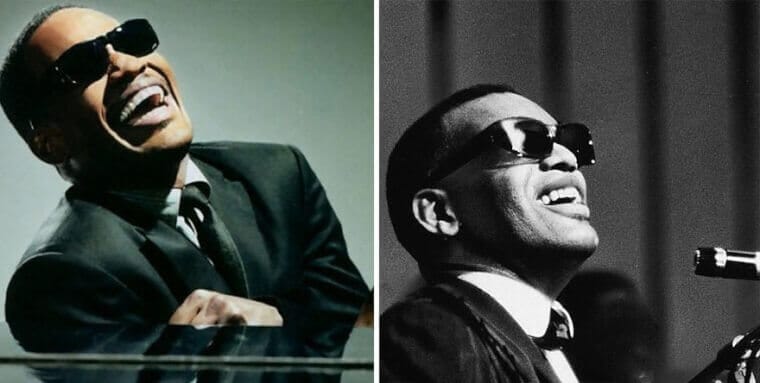 “Jamie Foxx wearing Ray Charles’s signature sunglasses and suit next to a picture of the real Ray Charles.”