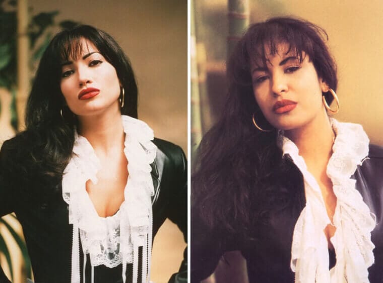 “Jennifer Lopez performing as Selena in signature stage outfit next to a picture of the real Selena Quintanilla.”