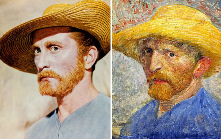 “Kirk Douglas as Vincent van Gogh with red hair and painter’s wardrobe compared to the real Van Gogh.”