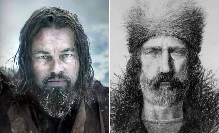 “Leonardo DiCaprio as Hugh Glass in rugged frontier clothing beside an illustration of the real Hugh Glass.”