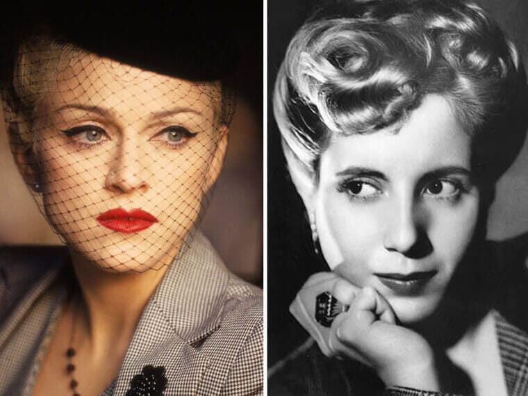 Madonna dressed as Eva Perón in elegant 1940s fashion beside the real Eva Perón.”