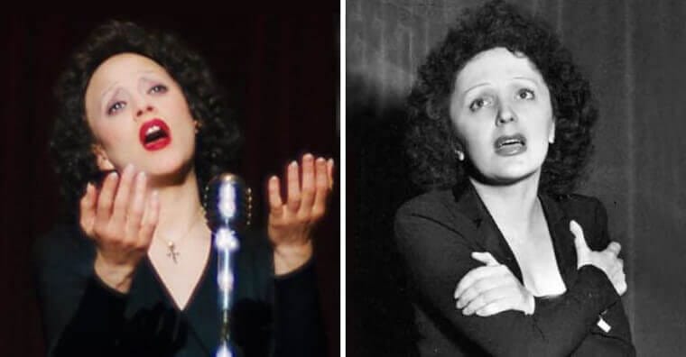 “Marion Cotillard portraying Édith Piaf with vintage hairstyle beside a photo of the real Piaf.”