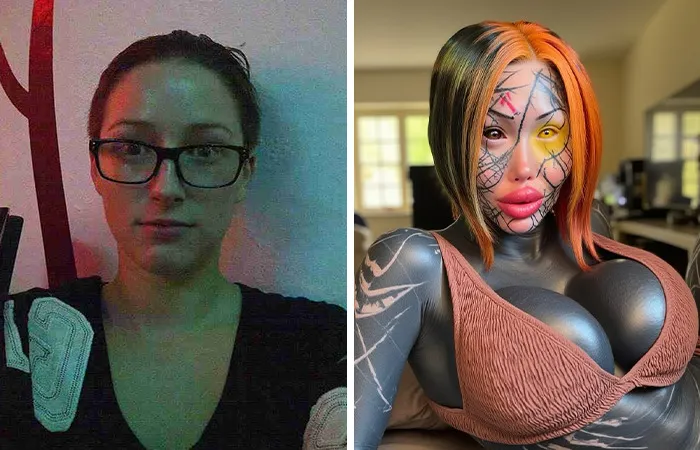 Mary Magdalene with heavily tattooed skin, oversized lips, and enhanced body features after multiple cosmetic surgeries.