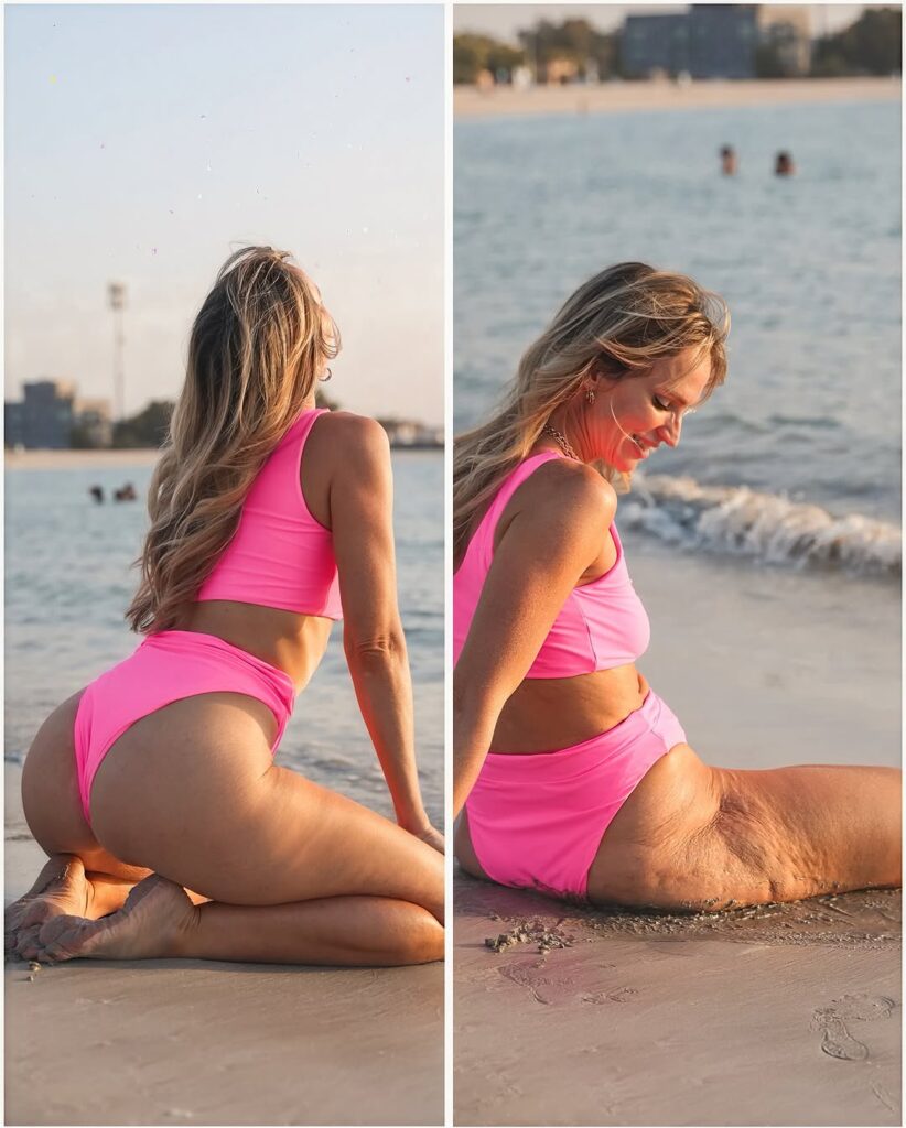 “Postpartum photo of Danae Mercer four days after giving birth, showing her real post-baby belly and raw caption about postpartum recovery.”