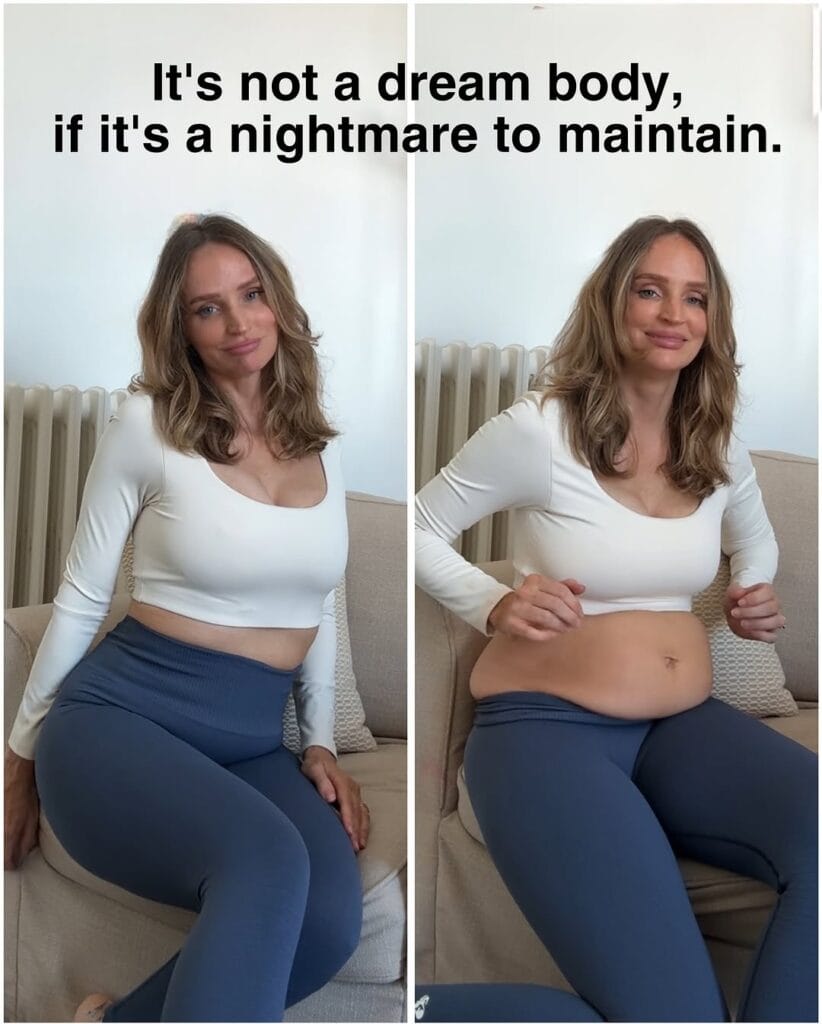 “Natural, unfiltered postpartum photo of Danae Mercer with her newborn daughter, paired with a message encouraging self-compassion.”