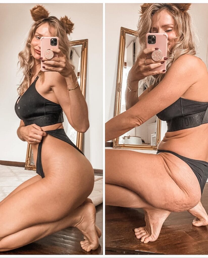 “Comparison shot of Danae Mercer showing how different angles and posture can make a person look slimmer or curvier online.”