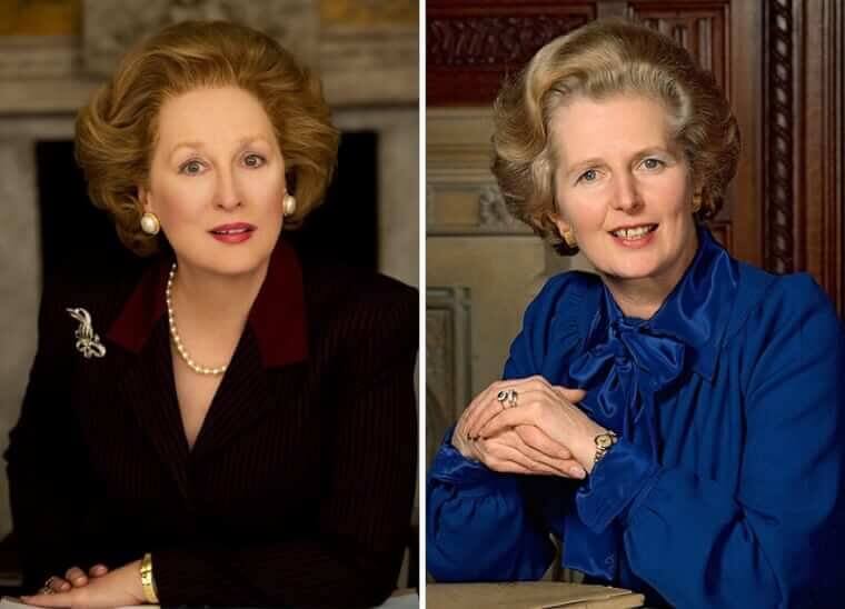 “Meryl Streep styled as Margaret Thatcher with signature hair and suit compared to the real Margaret Thatcher.”
