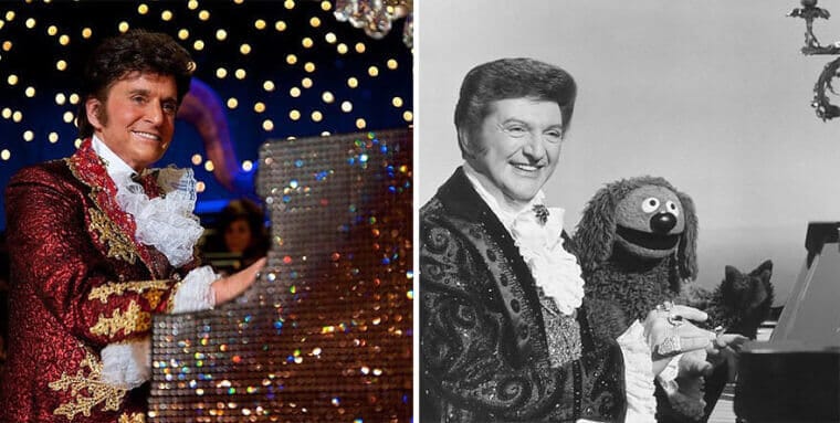 “Michael Douglas in Liberace’s flamboyant stage costume next to a photo of the real Liberace.”