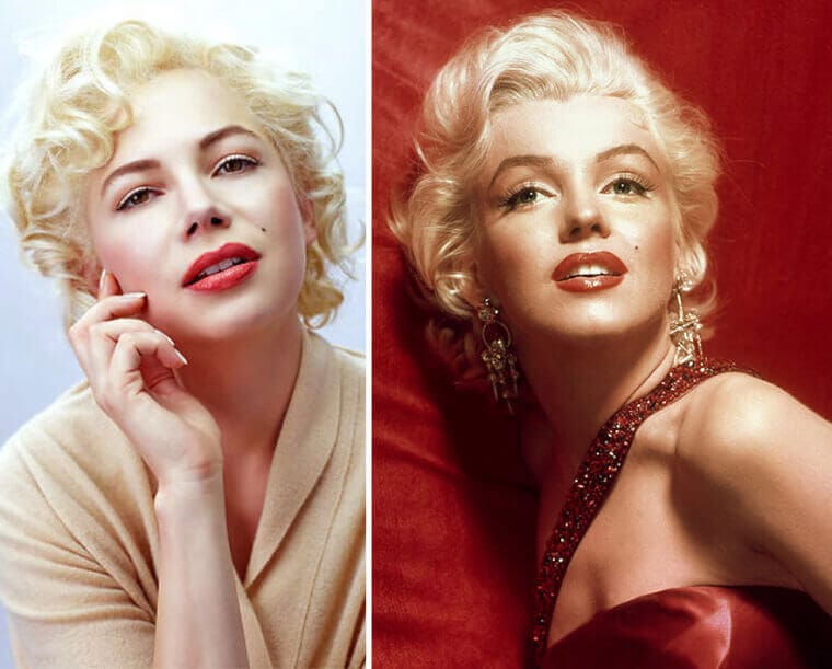 “Michelle Williams styled as Marilyn Monroe with blonde curls and glamorous dress beside the real Monroe.”