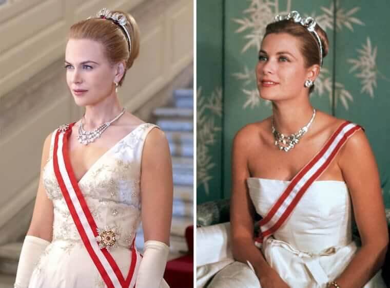 “Nicole Kidman styled as Grace Kelly in elegant vintage fashion next to an image of the real Princess Grace.”
