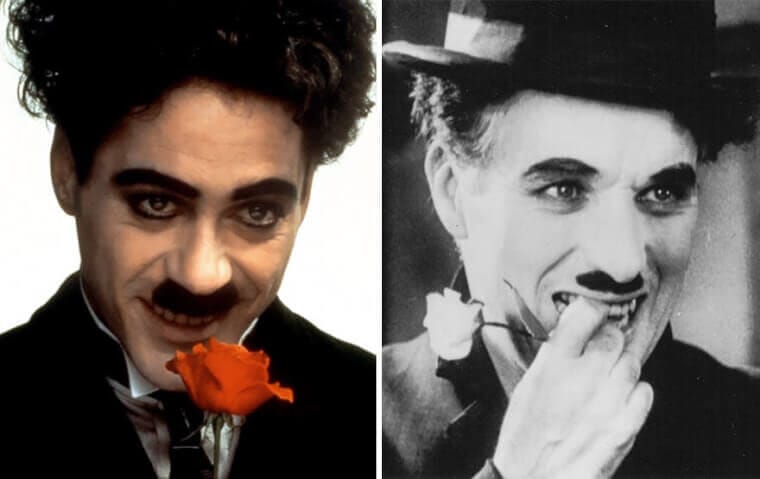 “Robert Downey Jr. dressed as Charlie Chaplin with iconic mustache and hat compared to the real Charlie Chaplin.”