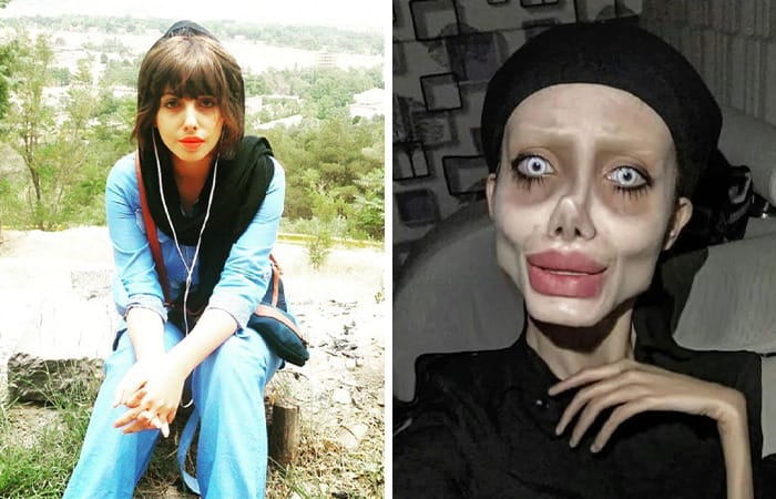 Iranian influencer Sahar Tabar appearing with zombie-like makeup resembling a distorted version of Angelina Jolie.