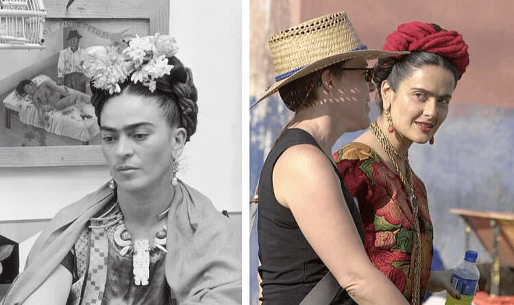 “Salma Hayek in Frida Kahlo’s signature unibrow and traditional Mexican attire beside a photo of the real Frida Kahlo.”