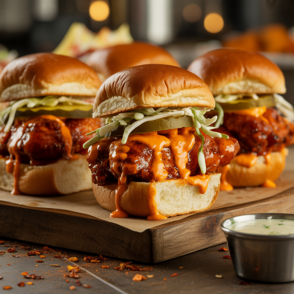 “Mini spicy chicken sliders with coleslaw on slider buns for New Year’s Eve parties.”