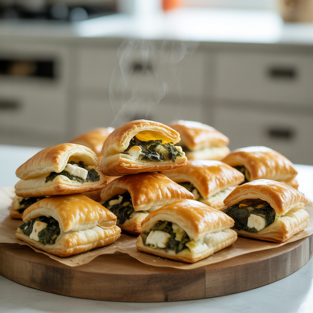 “Golden puff pastry bites filled with spinach and feta cheese for holiday appetizers.”