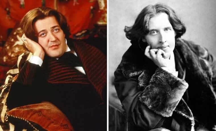 “Stephen Fry dressed as Oscar Wilde in Victorian-era clothing next to a photo of the real Oscar Wilde.”