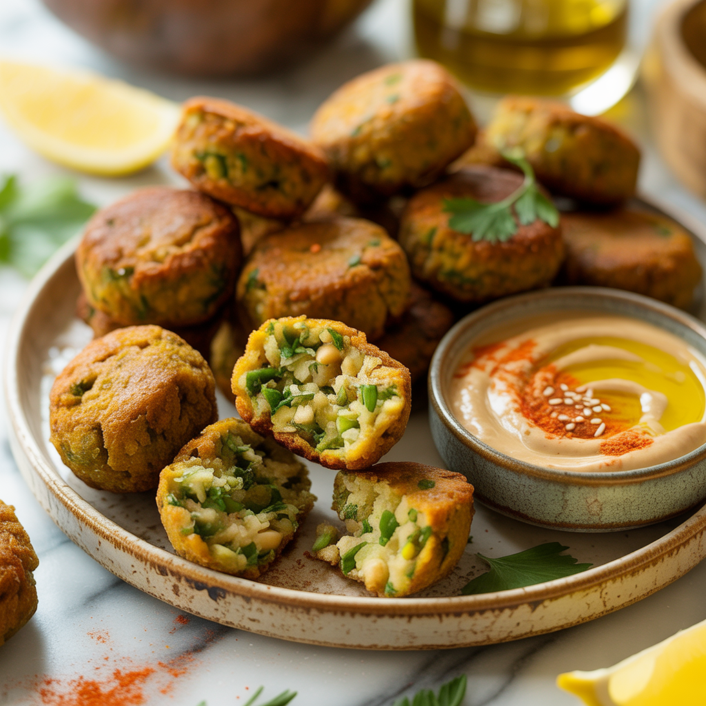“Mini falafel balls served with creamy tahini dip for vegetarian party appetizers.”