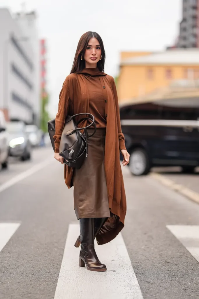 “Head-to-toe brown winter outfit featuring layered shades of chocolate, camel, and tan.”