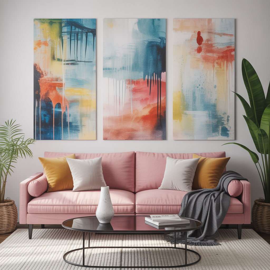 “Colorful abstract painting used as a focal point in modern living room”