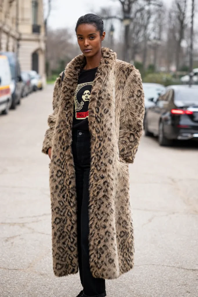 “Winter outfit featuring bold animal print coat paired with minimal accessories.”