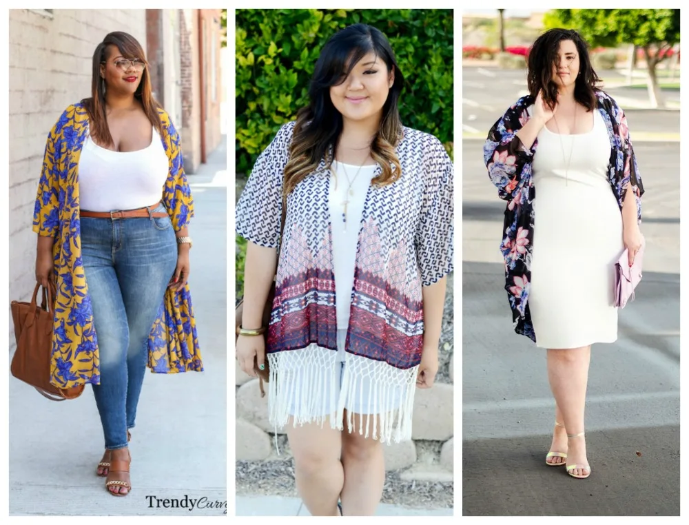 Plus size outfit styled with cardigan, jacket, and kimono layers