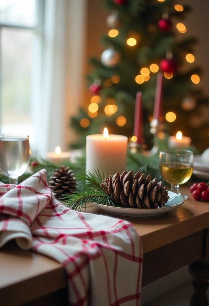 Warm rustic holiday decor with dried flowers, natural textures, and cottage-style Christmas lights