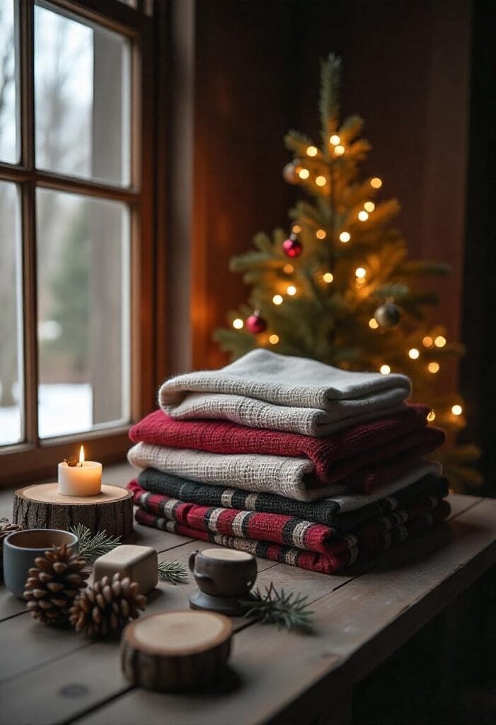 Cozy cottagecore Christmas interior with plaid blankets, pinecones, and rustic wooden ornaments