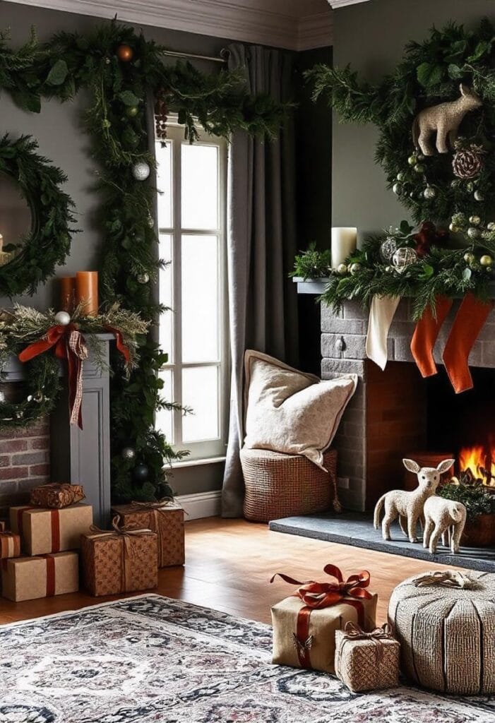Christmas decorations using deep green ornaments and earthy natural tones