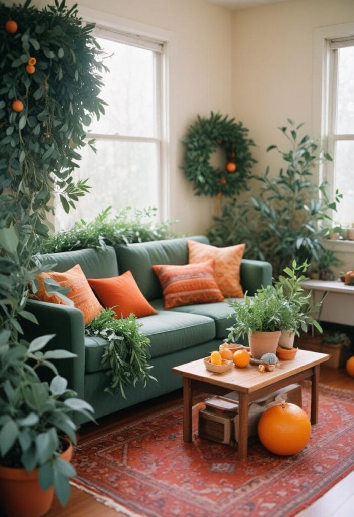 Eco-friendly Christmas decor using eucalyptus, dried oranges, and potted plants