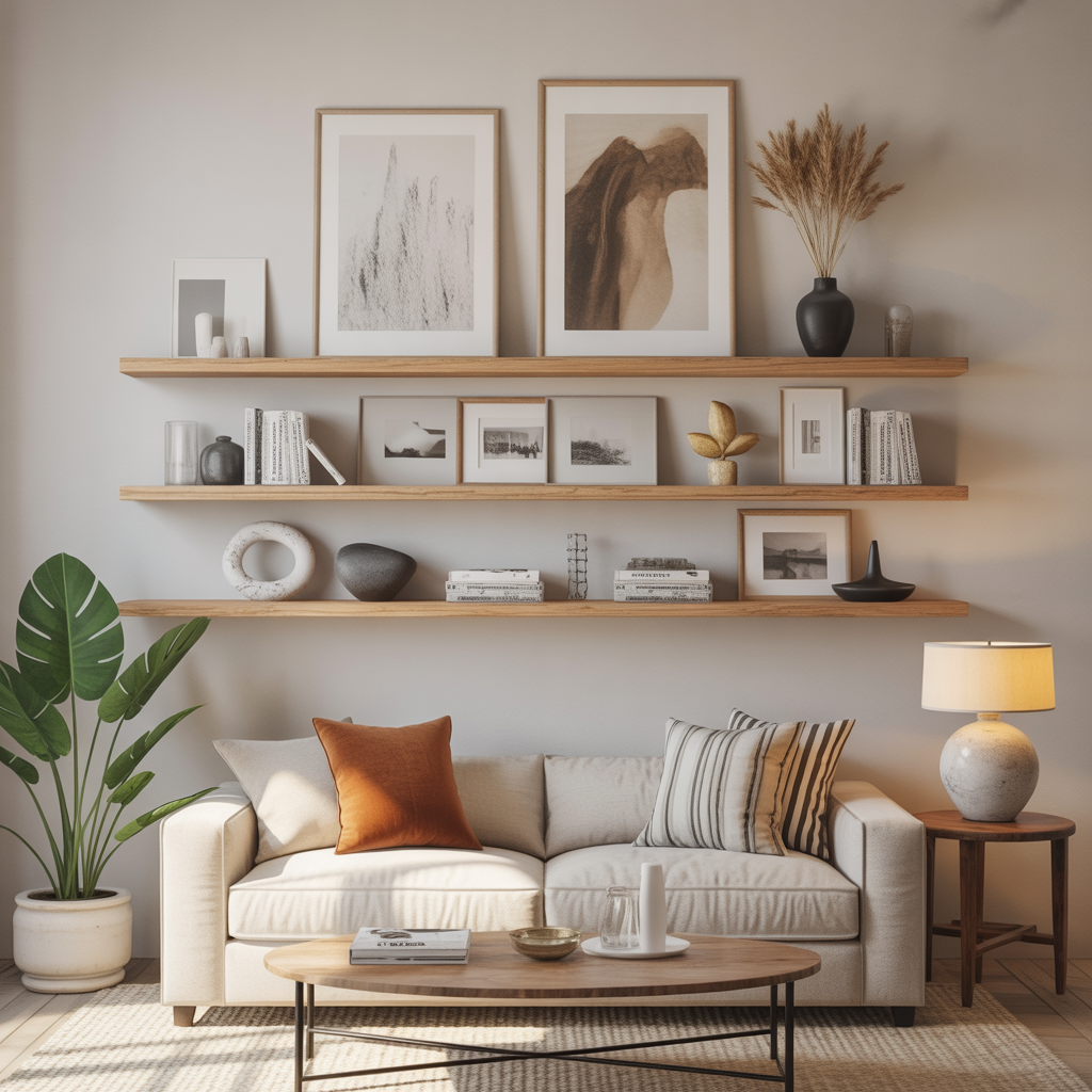 “Floating shelves displaying framed prints and decor items in the living room”