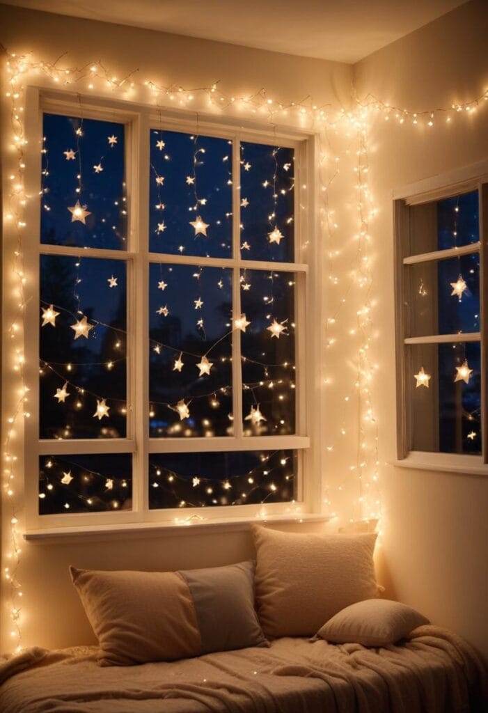 Fairy lights hanging across a window creating a warm festive glow