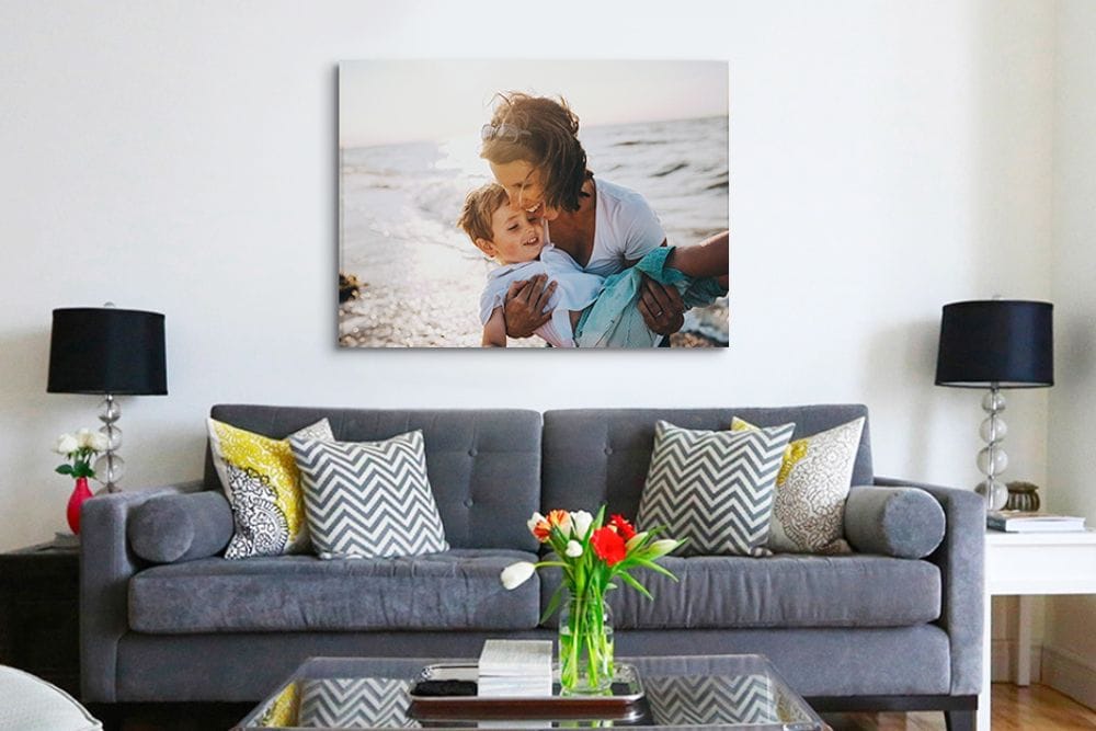 “Oversized statement canvas artwork displayed on a large living room wall”