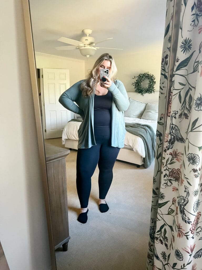 Comfortable plus size leggings styled with a long top for everyday wear