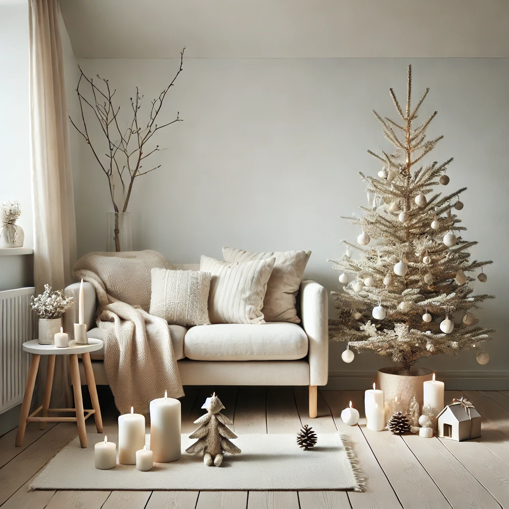 Scandinavian Christmas decorations with soft whites and minimalist ornaments
