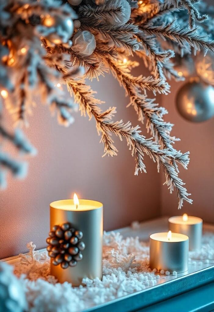 Christmas tree decorated with silver ornaments and soft metallic holiday accents