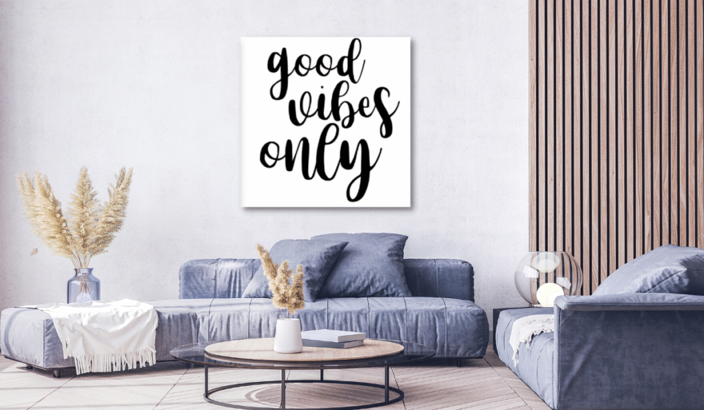“Minimal typography quote framed artwork hanging on a living room wall”