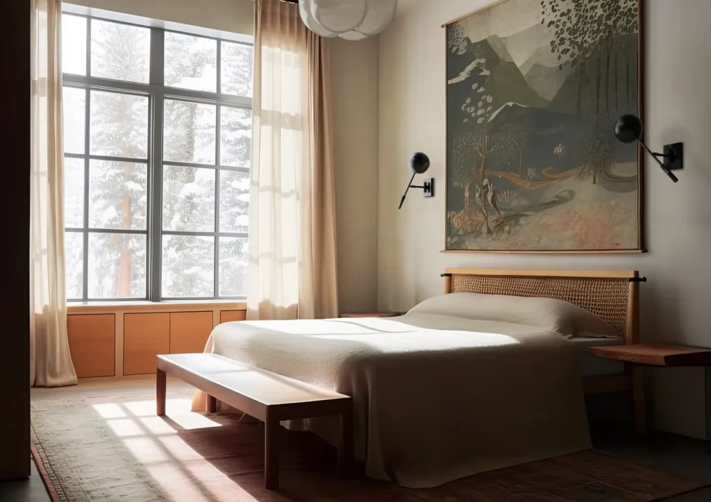 “Boho style wall tapestry hanging behind a cozy living room sofa”