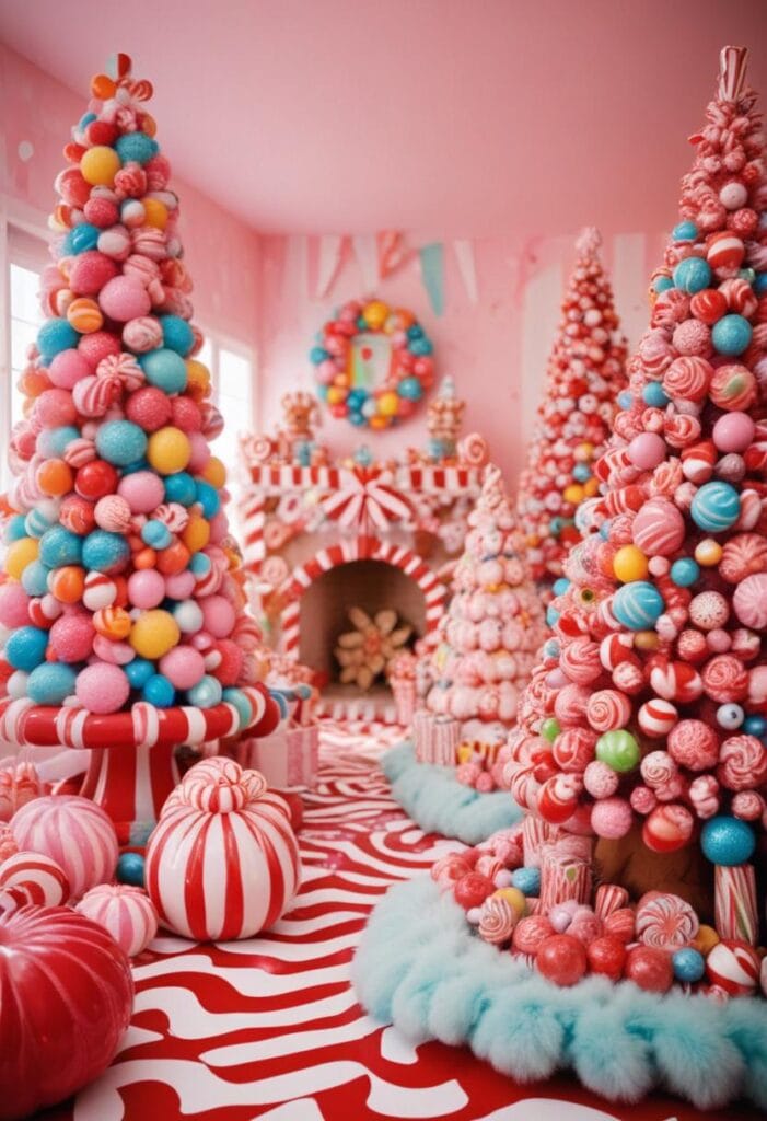 Colorful Candyland Christmas decor with oversized ornaments and candy cane stripes