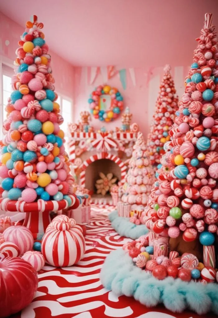 Colorful Candyland Christmas decor with oversized ornaments and candy cane stripes