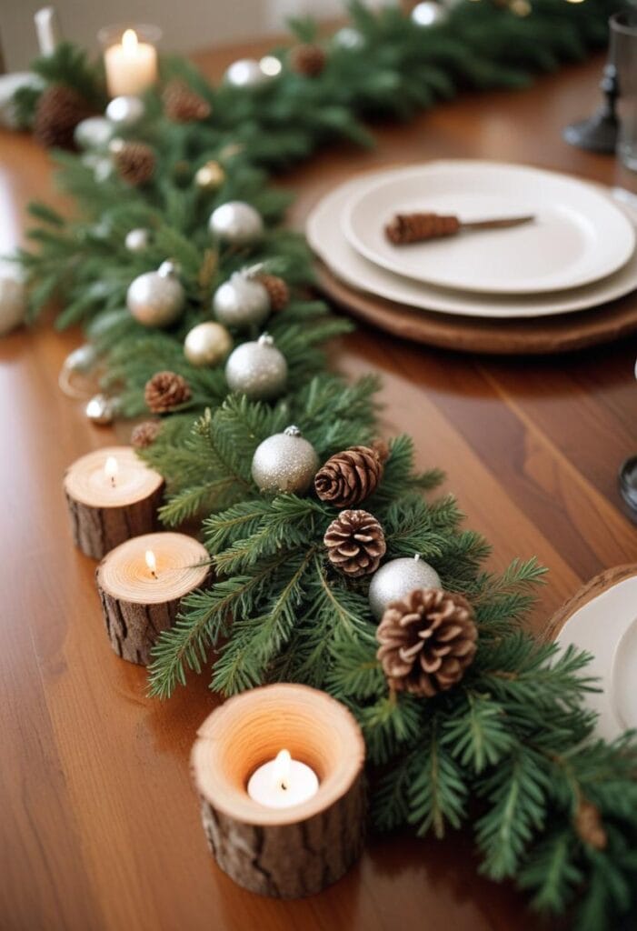 Pine garlands and natural holiday wreath with eco-friendly greenery