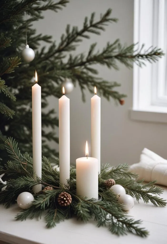 Simple Nordic-style holiday setup with pine branches and natural wood accents