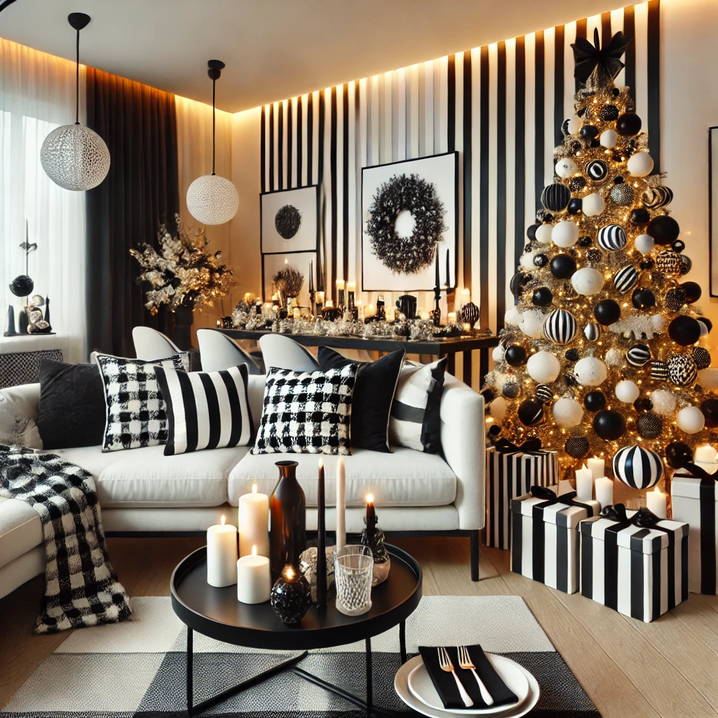 Black-and-white checkered holiday table setting with contrast ribbons