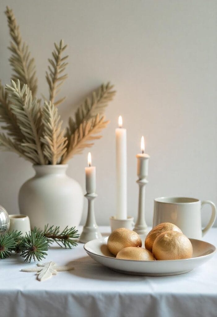 Metallic holiday centerpiece with champagne tones and minimalist silver decor