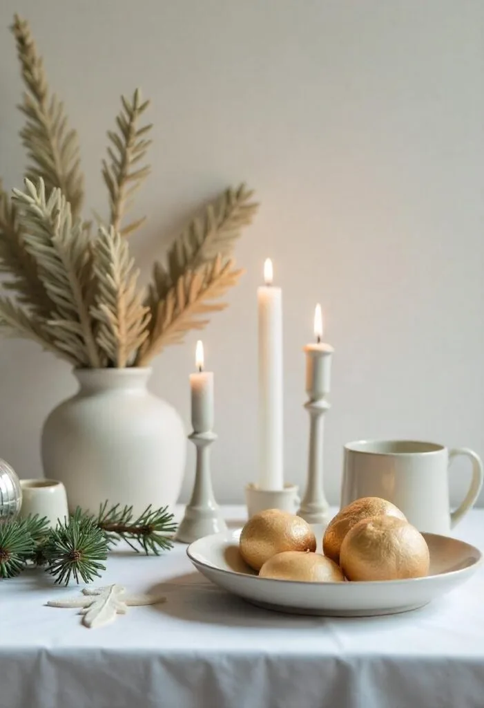 Metallic holiday centerpiece with champagne tones and minimalist silver decor